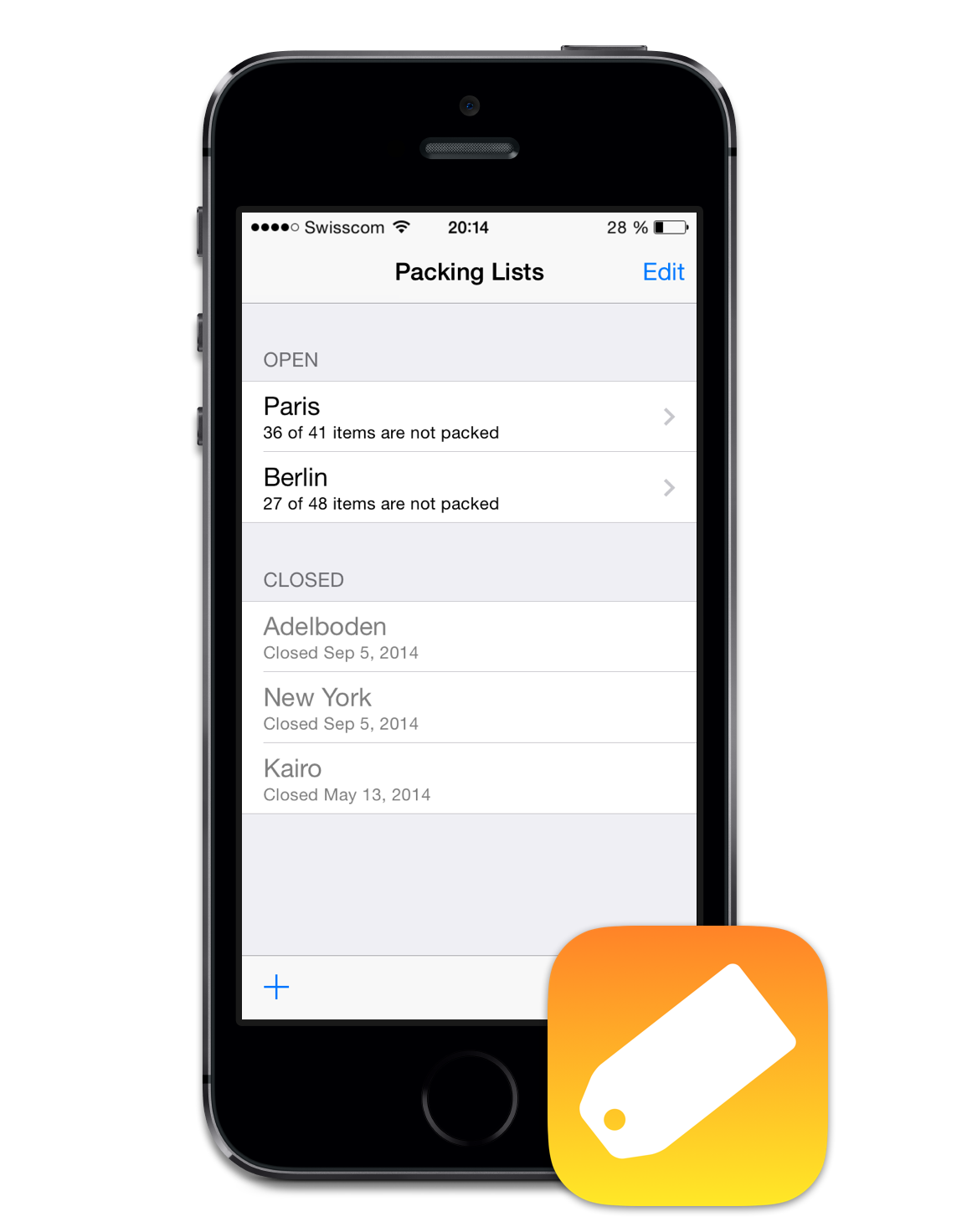 Screenshot of the PackingList app inside an iPhone 5s frame